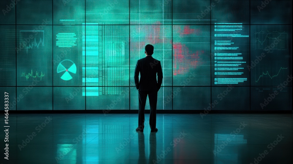 Businessman analyzing data on futuristic screen displaying charts and graphs Businessman analyzing data on futuristic screen displaying charts and graphs