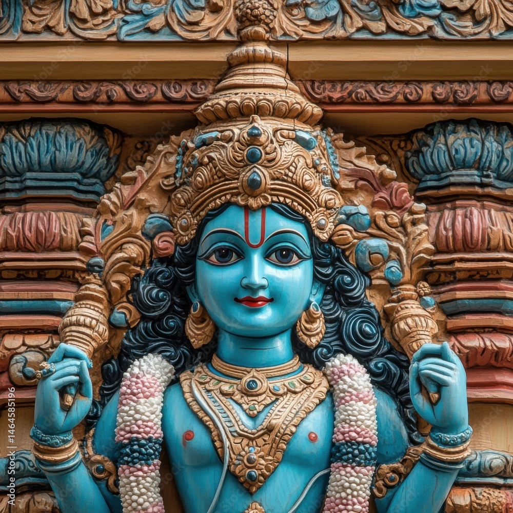 Fototapeta premium Detailed Sculpture of a Figure with Blue Skin and Intricate Carvings