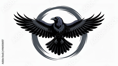 Majestic black raven spreads powerful wings within artistic circle on a white background