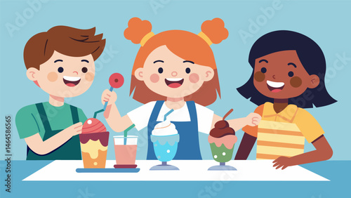 A group of children with big smiles on their faces enthusiastically building their dream sundaes at the bar.. Vector illustration