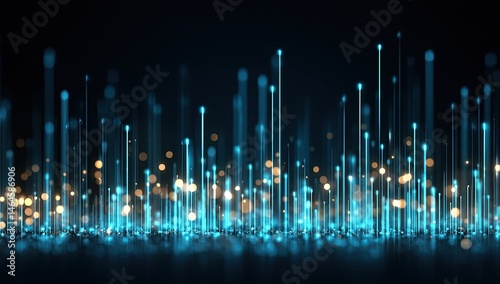 Abstract digital cityscape of glowing, interconnected lines and particles against a dark backdrop.  Vertical structures, light blue and gold specks, creating a futuristic, technological aesthetic