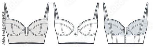 Bustier Crop Top Fashion Flat Sketch. Women Bra fashion flat technical drawing template, straps, hook closure, slim fit, front and back view, white, grey, CAD mockup set.