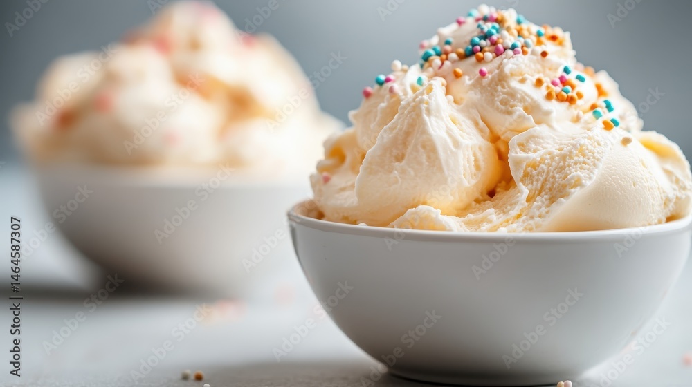 A scrumptious serving of vanilla ice cream topped with colorful sprinkles in a white bowl, evoking feelings of joy and satisfaction, perfect for summer treats and celebrations. A scrumptious serving of vanilla ice cream topped with colorful sprinkles in a white bowl, evoking feelings of joy and satisfaction, perfect for summer treats and celebrations.