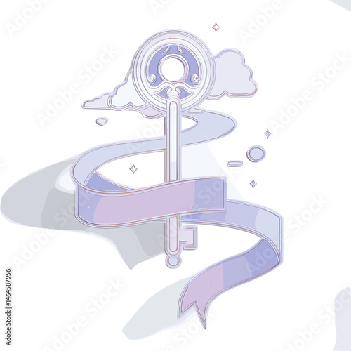 Key illustration with ribbon design against pastel clouds  