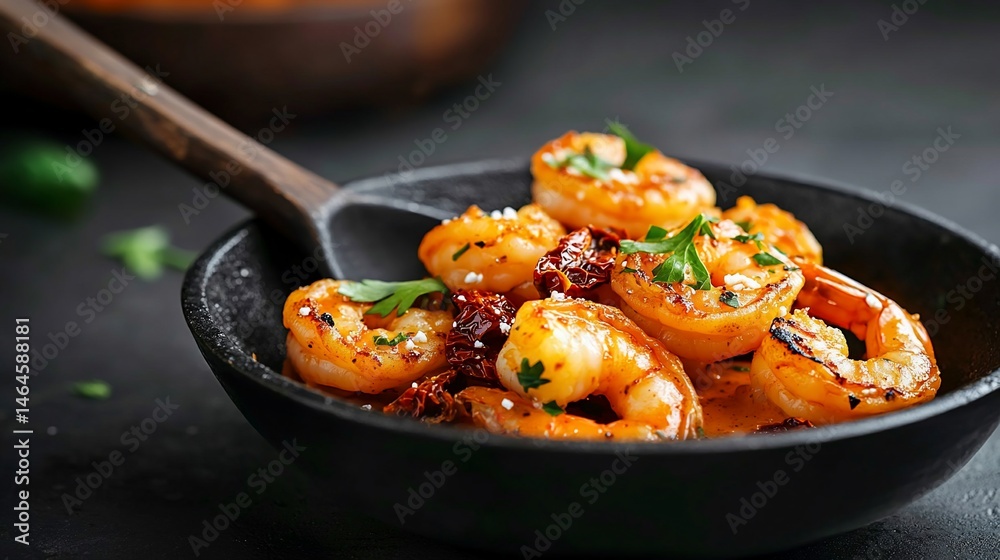 Delicious shrimp dish in skillet with herbs, on dark background Delicious shrimp dish in skillet with herbs, on dark background