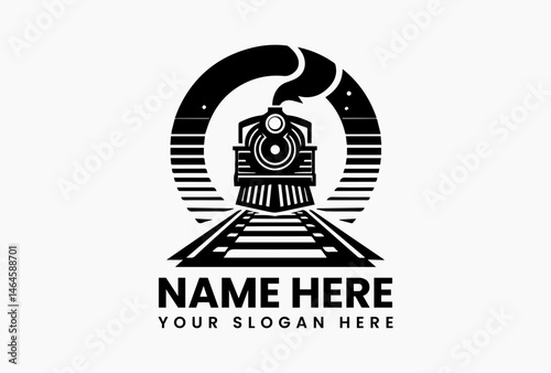 Bold Steam Train on Curve Graphic. Classic Travel  Vector Logo Design