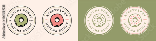 Matcha strawberry donut sweets pastry cake lovers aesthetic round label badge sticker logo design bundle. Cute trendy organic vegan girl food glazed pink green tea flavor filling dessert illustration.