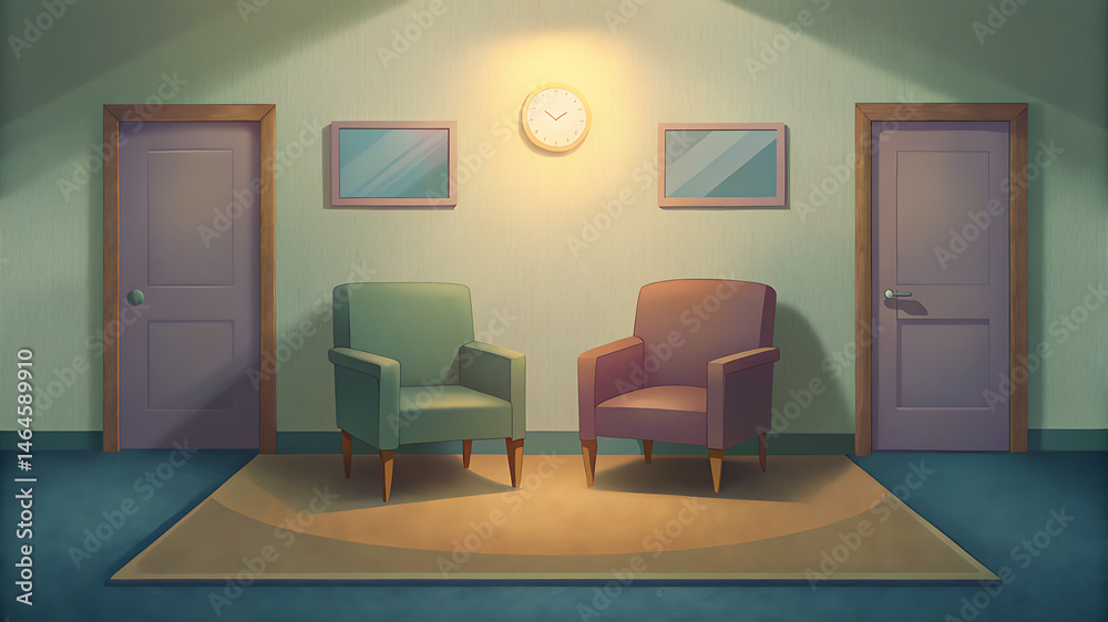 Fototapeta premium Cozy waiting room interior with two chairs and warm inviting decor