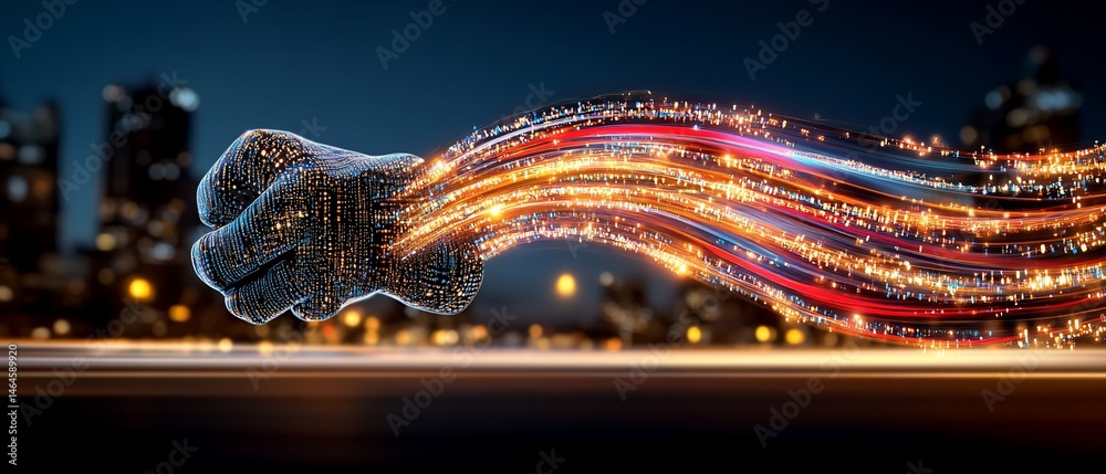 Fototapeta premium Digital fist with glowing fiber optic streams, city background, symbolizing speed