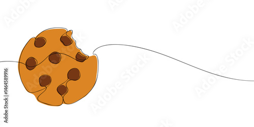 Minimalist one line drawing of a chocolate chip cookie with a bite taken out, combining simplicity with sweet snack imagery.