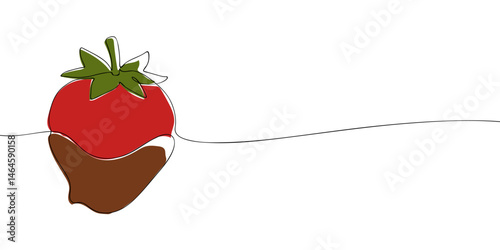 Minimalist continuous line illustration of a strawberry partially dipped in chocolate, representing a sweet and romantic dessert concept.