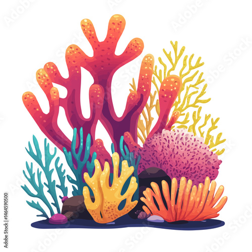 2D flat vector illustration of A Tropical Reef With Bright Coral Colors, isolated on a white background.