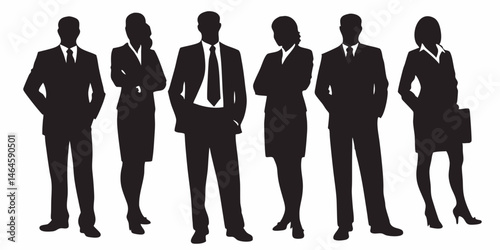 Vector silhouettes depict a standing group of diverse business people in suits working as a team for success
