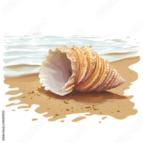 A Seashell Lying On Wet Sand Near Water 2D flat vector illustration, isolated on a white background.