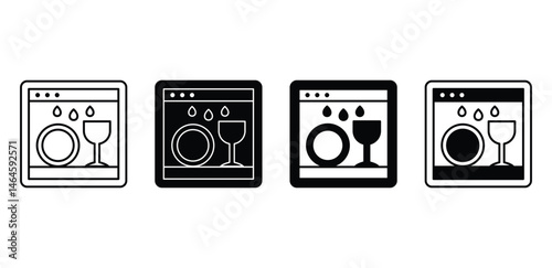 Dishwasher Icon Set Black and White Line Art Symbols for Dishes and Glasses Vector Design