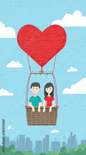 A couple is sitting in the basket of a heart-shaped hot air balloon