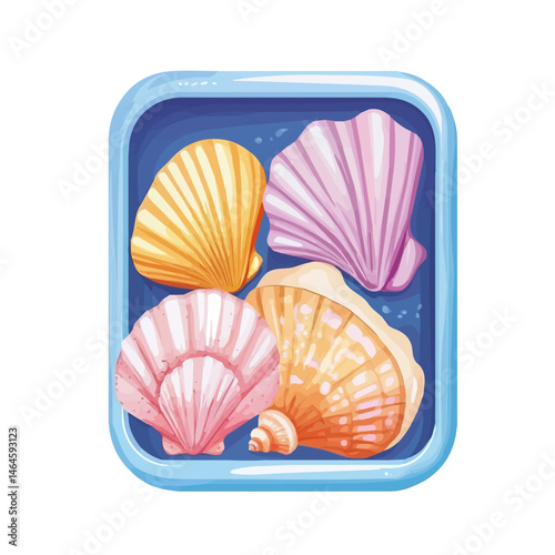 2D flat vector illustration of A Colorful Seashell Collection In A Tray, isolated on a white background.