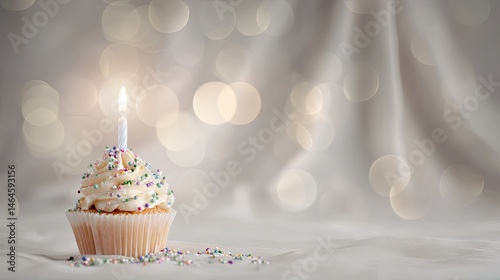 A cupcake with white frosting and colorful sprinkles