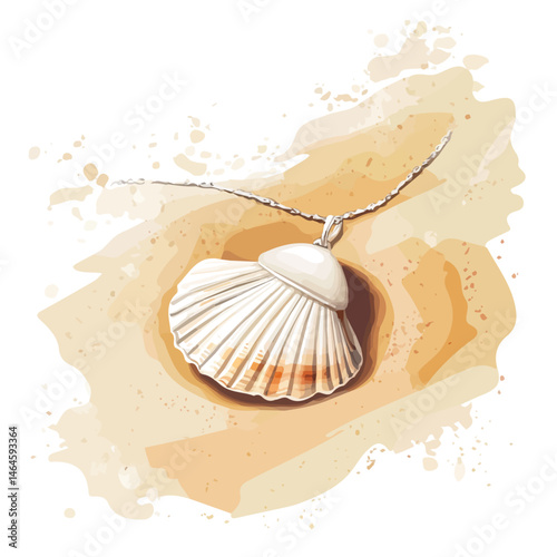 A Shell Necklace Lying On The Sand 2D flat vector illustration, isolated on a white background.
