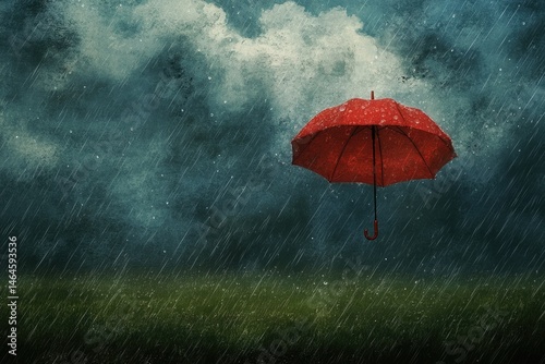 Red umbrella in a stormy landscape