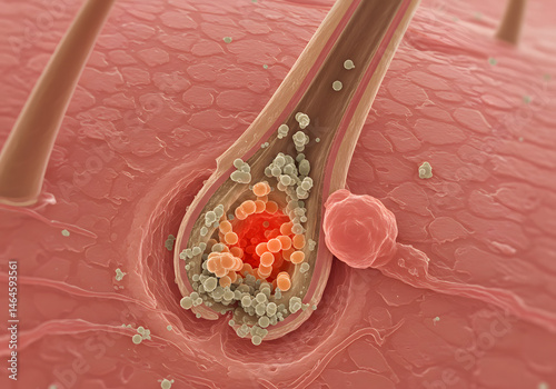 Microscopic View of Hair Follicle with Inflammation and Bacteria  Detailed Scientific Illustration of Skin Microbiome