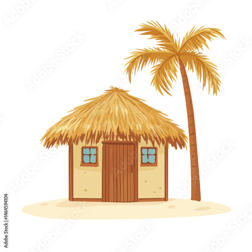2D flat vector illustration of A Small Island Hut With Thatched Roofing, isolated on a white background.