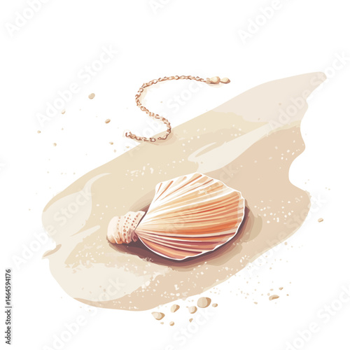 A Shell Necklace Lying On The Sand 2D flat vector illustration, isolated on a white background.