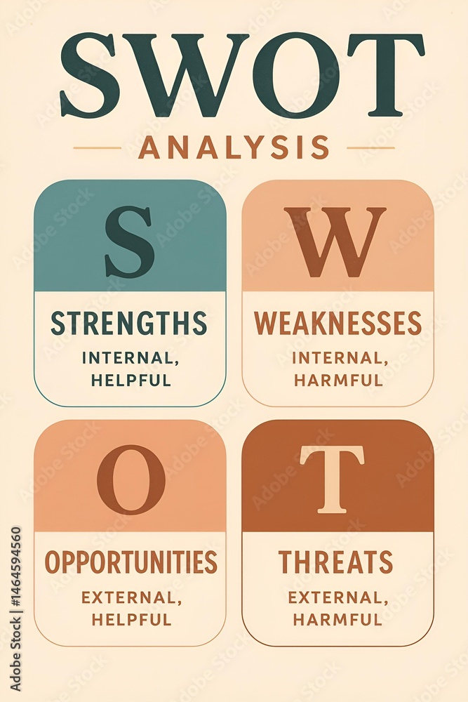 Obraz premium Graphical representation of the SWOT strategic analysis tool showing the four essential components : Strengths, Weaknesses, opportunités, Threats