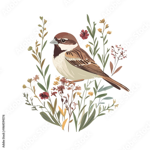 A Summer Sparrow Resting On A Wildflower 2D flat vector illustration, isolated on a white background.