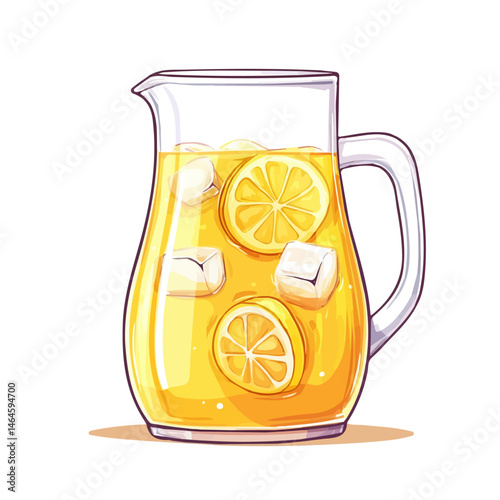 2D flat vector illustration of A Summer Lemonade Jug With Ice Cubes, isolated on a white background.