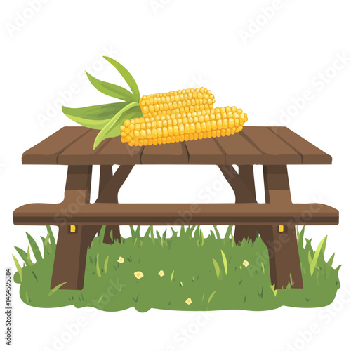 2D flat vector illustration of A Picnic Table With Fresh Corn On The Cob, isolated on a white background.