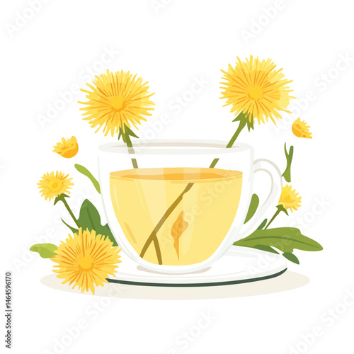 Dandelion Tea 2D flat vector illustration, isolated on a white background.