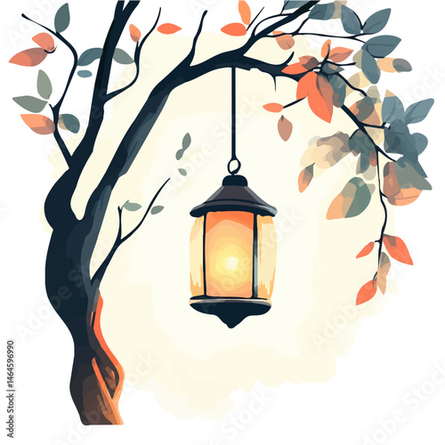 2D flat vector illustration of A Small Glowing Lantern Hanging From A Tree, isolated on a white background.