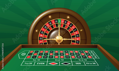 Roulette table and roulette wheel. Vector 3d illustration