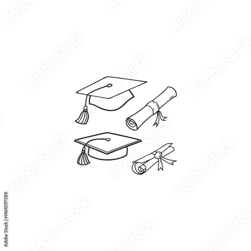 Black silhouette graduation caps vector stapler and paper clips
