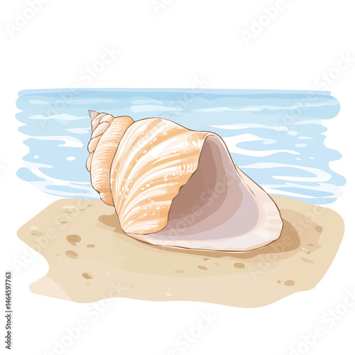 2D flat vector illustration of A Seashell Lying On Wet Sand Near Water, isolated on a white background.
