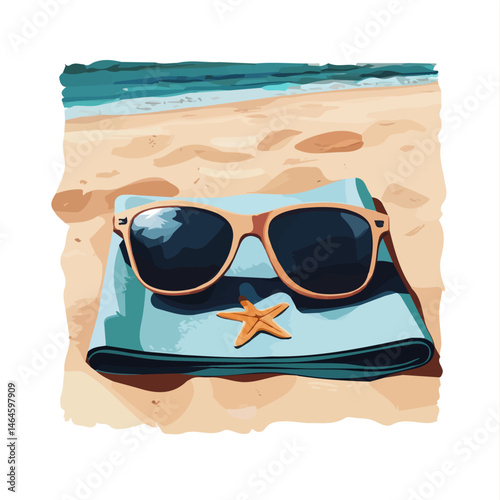 2D flat vector illustration of A Pair Of Sunglasses On A Sandy Beach Towel, isolated on a white background.