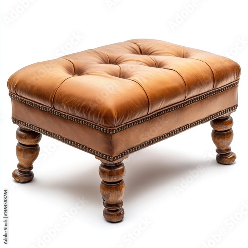 Colonial saddle leather ottoman isolated on white background.  
