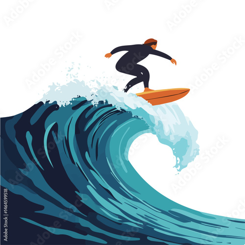 A Surfer Riding A Tall Ocean Wave 2D flat vector illustration, isolated on a white background.