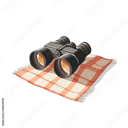 2D flat vector illustration of A Pair Of Binoculars On A Picnic Blanket, isolated on a white background.