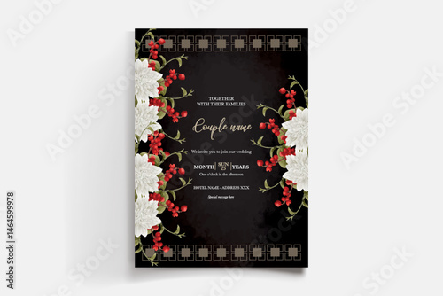 WEDDING INVITATION FRAME WITH FLOWER DECORATIONS AND FRESH LEAVES