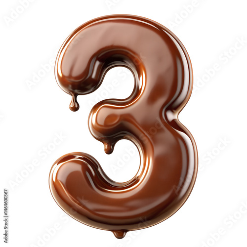 The number 3 with its glossy, melted and shimmering number 3 chocolate, gives a prominent and isolated effect on the transparent background.