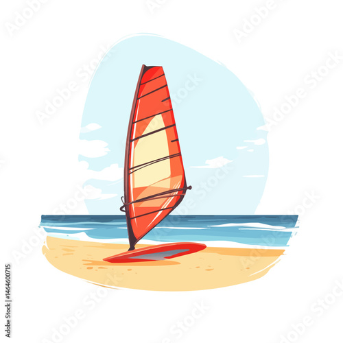 2D flat vector illustration of A Windsurfing Board On A Calm Beach, isolated on a white background.