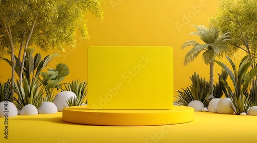 Yellow product display with tropical plants and stones against a yellow background for presentation use