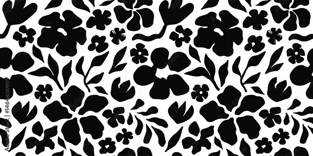 Seamless black and white floral pattern with abstract hand drawn flowers and leaves. Modern botanical background for fabric, wallpaper, branding, packaging, digital designs. Trendy monochrome style