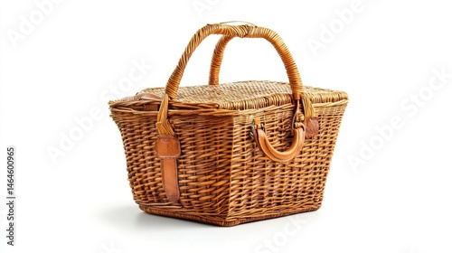 Colonial wicker picnic basket isolated on white background. 