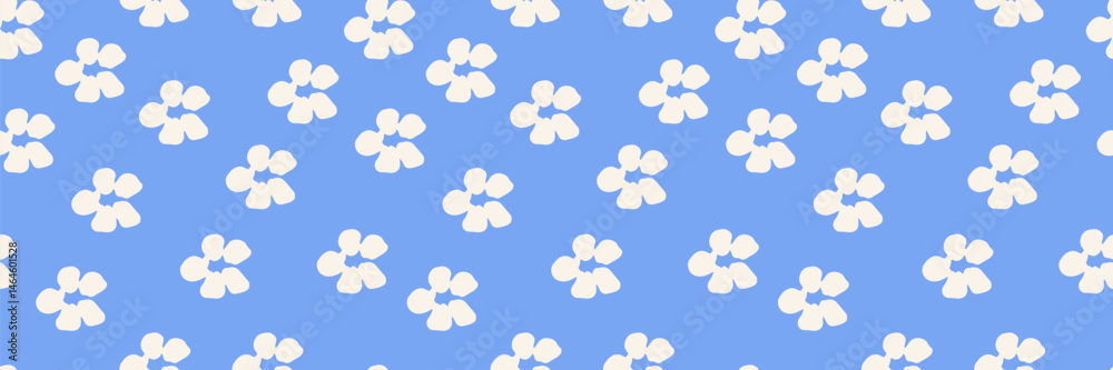 Simple seamless floral pattern with minimal cream colored flowers on a bright blue background. Ideal for kids fabrics, summer wrapping paper, stationery, and cheerful surface designs. Vector art