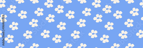 Obraz na płótnie Simple seamless floral pattern with minimal cream colored flowers on a bright blue background. Ideal for kids fabrics, summer wrapping paper, stationery, and cheerful surface designs. Vector art w salonie