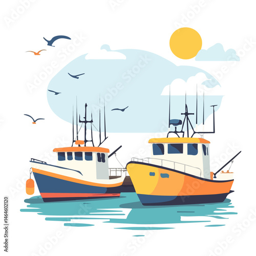 A Sunny Harbor With Fishing Boats Docked 2D flat vector illustration, isolated on a white background.