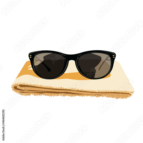 2D flat vector illustration of A Pair Of Sunglasses On A Towel, isolated on a white background.